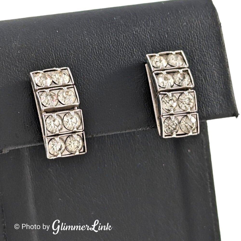 Vintage 1950s Art Deco Style Clear Rhinestone Rectangular Screw Back Earrings